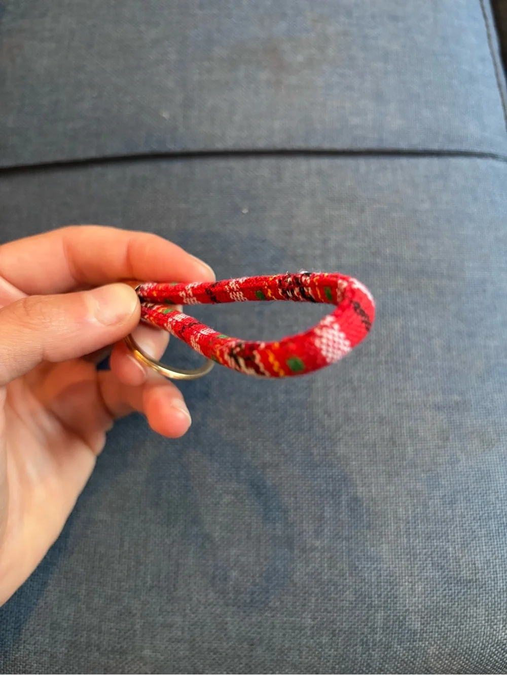 Unbranded Red Floral Fabric Loop Keyring with Gold Ring